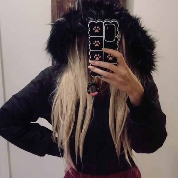 crop black winter coat with faux fur hood XS - Picture 5 of 5